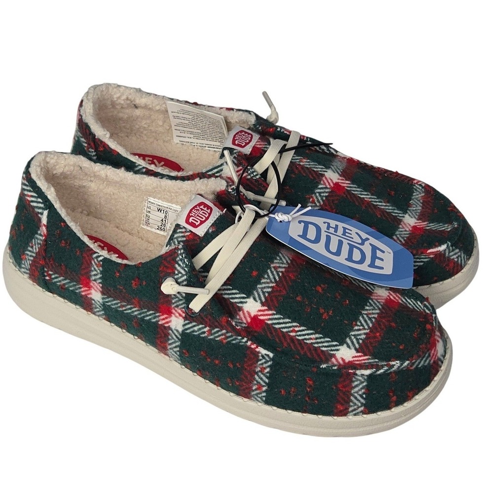 Hey Dude Wendy Plaid Loafers Women 11 Red Green Cozy Christmas Slip On Shoes New